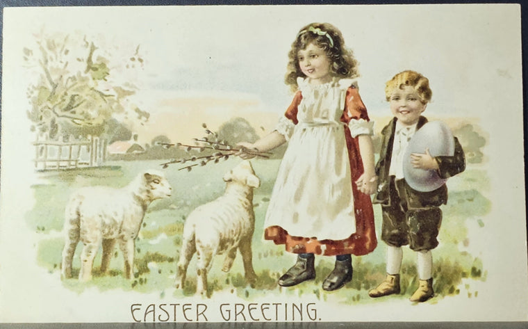 Easter Postcard Two Children One Holding Giant Egg Greeting Lambs Printed in Germany