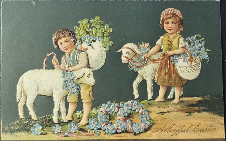 Easter Postcard Two Children with Lambs Carrying Egg Baskets PFB Germany 8689