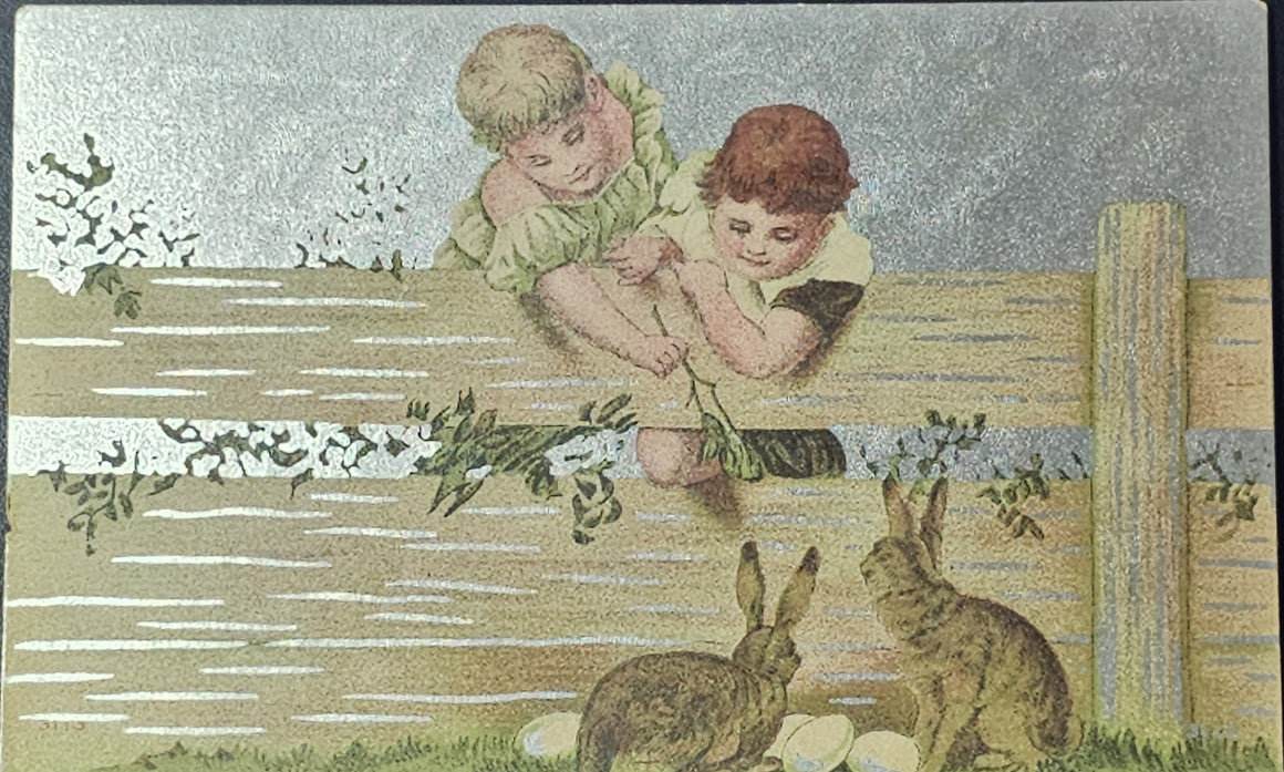 Postcard Easter Children Brother Sister Bunny Rabbit Egg Farm 1920s Unposted