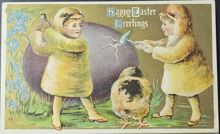 Easter Postcard Antique 1900's Children dressed as Chicks hitting Easter Egg with Hammers