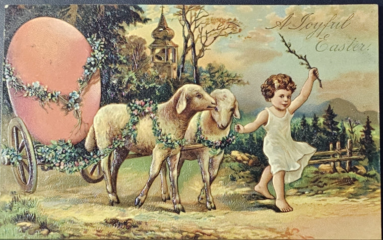Easter Postcard Fantasy Lambs Hauling Giant Egg Carriage Germany