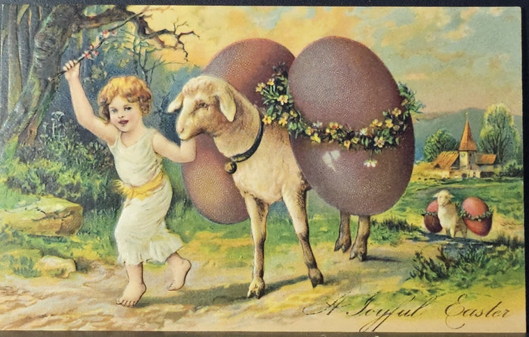 Vintage Easter Greetings Girl Leads Lamb Carrying Large Purple Eggs PFB 5837