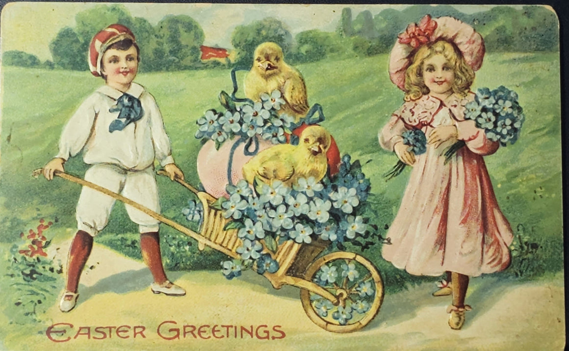 Divided Back Postcard Children with Wheelbarrow full of Flowers, Egg and Chicks With Children