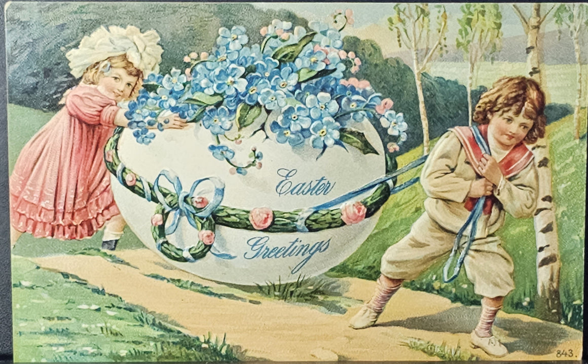 Vintage Easter Postcard Greetings Boy & Girl Pulling Egg Flowers Trees Embossed Undivided