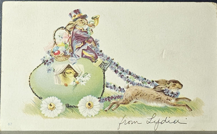 Easter Postcard Chick in Egg Carriage Anthropomorphic Dressed Bunny Driving with Bunny Pulling Cart 1898 Undivided