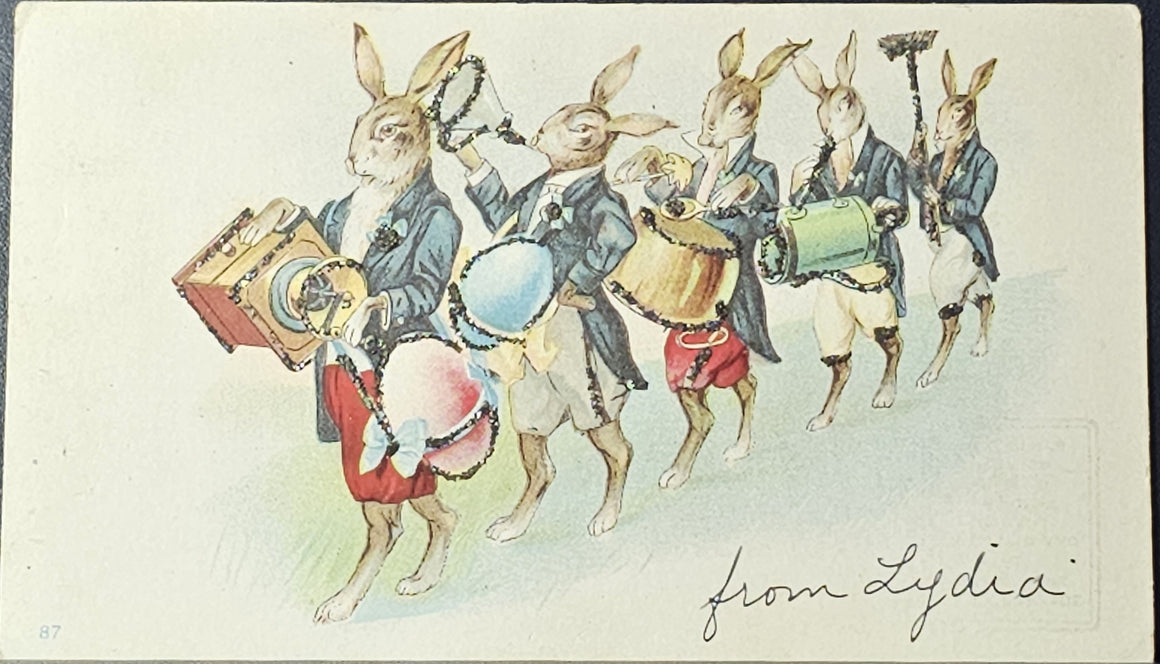Easter Postcard Anthropomorphic Bunnies Playing Instruments 1898  Bunny Rabbits in Jackets Applied Glitter