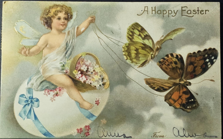 Easter Postcard Clapsaddle Fairy Riding Egg Pulled by Butterflies