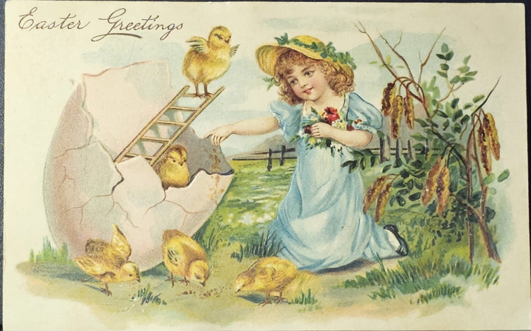 Easter Postcard Series 587 Girl Playing With Chicks Coming out of Egg