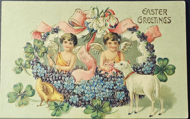 Easter Postcard Cherubs in a Flower Wreath Lamb and Chick