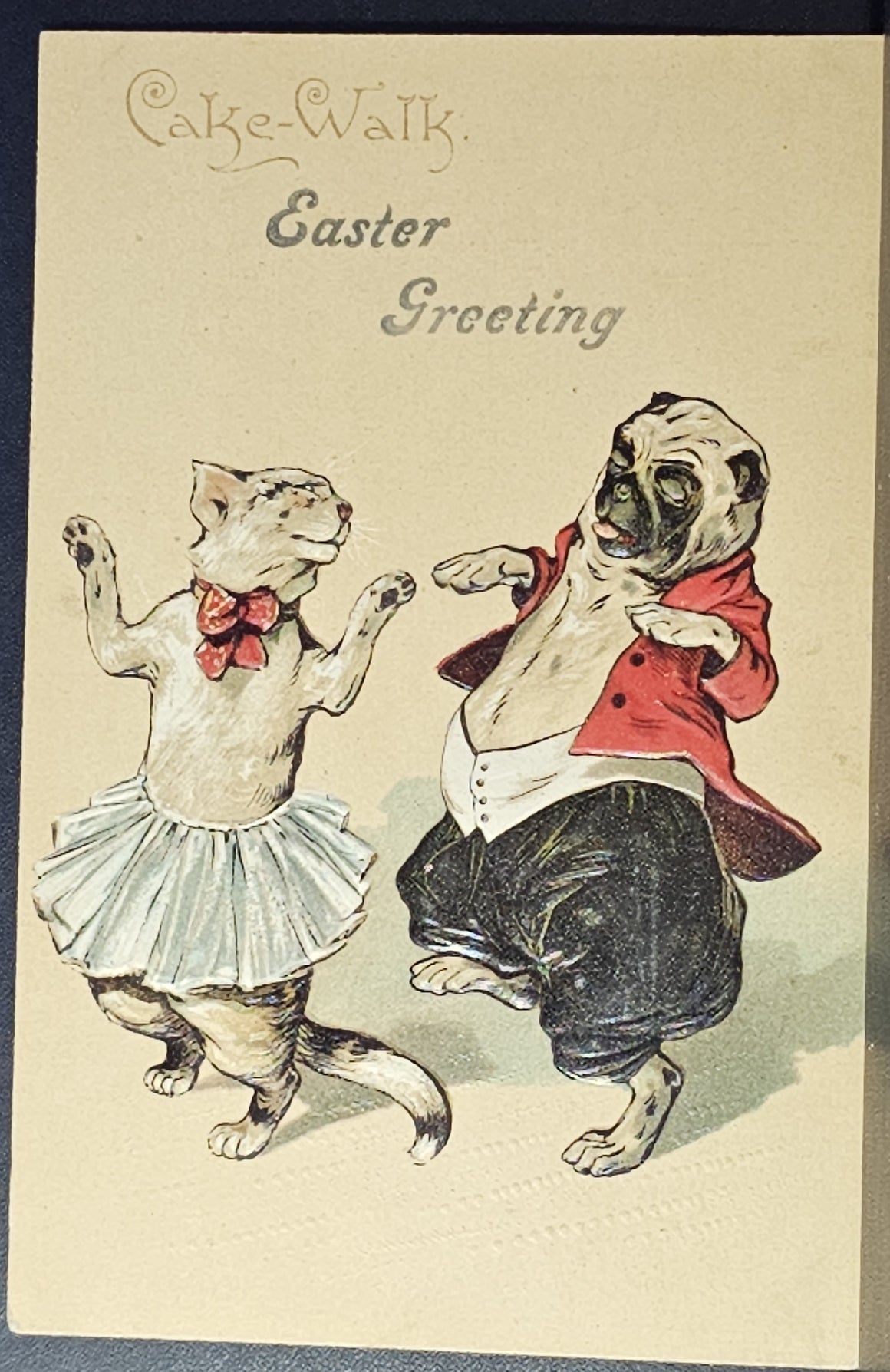 Easter Postcard Fantasy Card Cake Walk Dance PFB 3903 Anthropomorphic Dog Dancing with Cat Unused