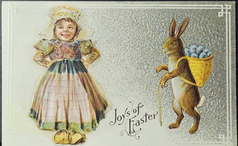 Easter Nation Postcard Series No. 9 Girl Smiling Bunny Rabbit Holding Basket Silver Embossed Background