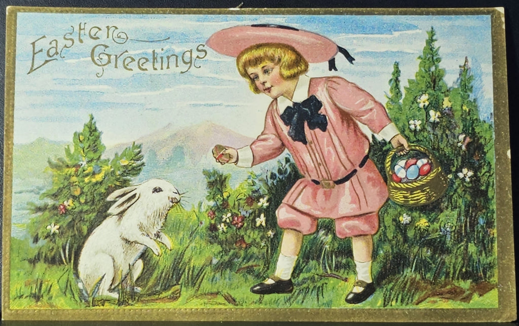 Easter Greetings Embossed Litho Postcard Girl Feeding Bunny Rabbit Basket