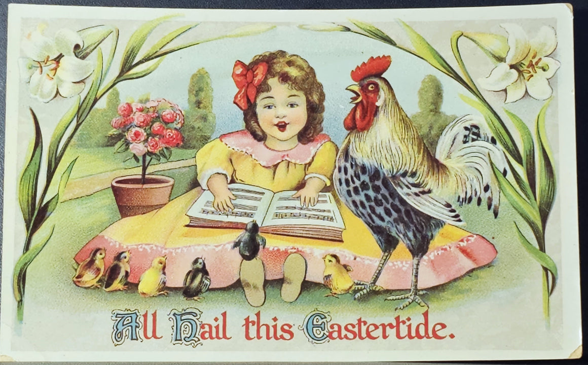 Easter Holiday Girl Flowers Music Book & Rooster Gel Coated Postcard Gottshalk Series 2505