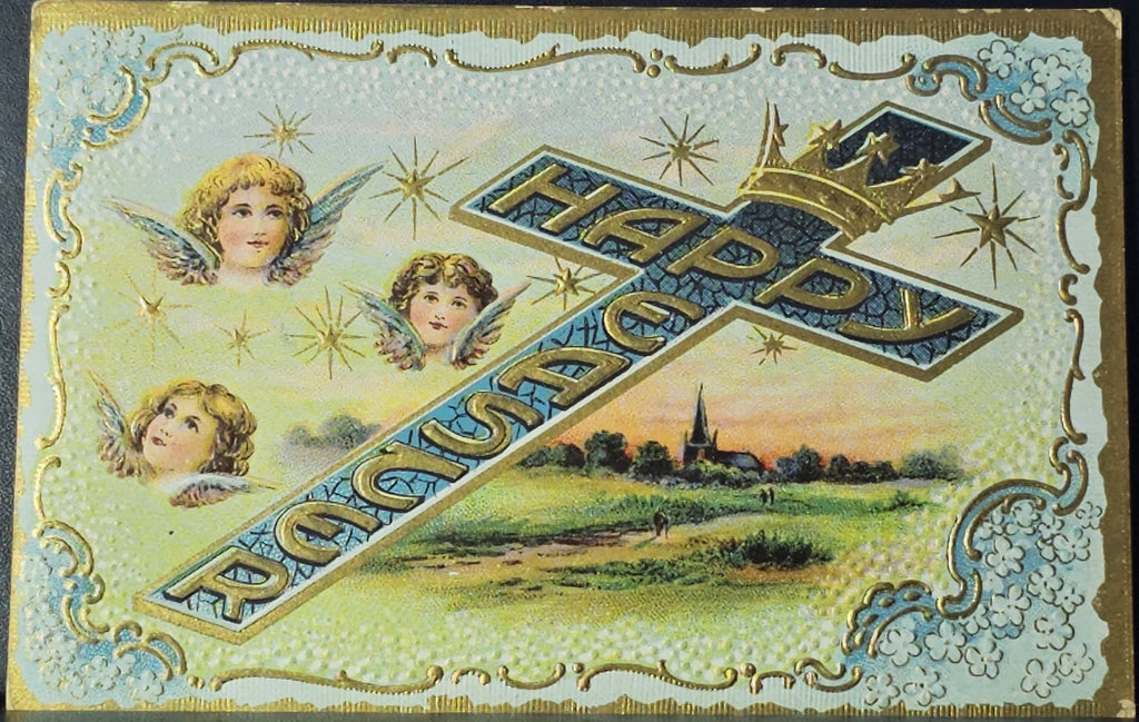 Easter Postcard Angels with Cross Gold Embossed Blue Flowers Series 2158