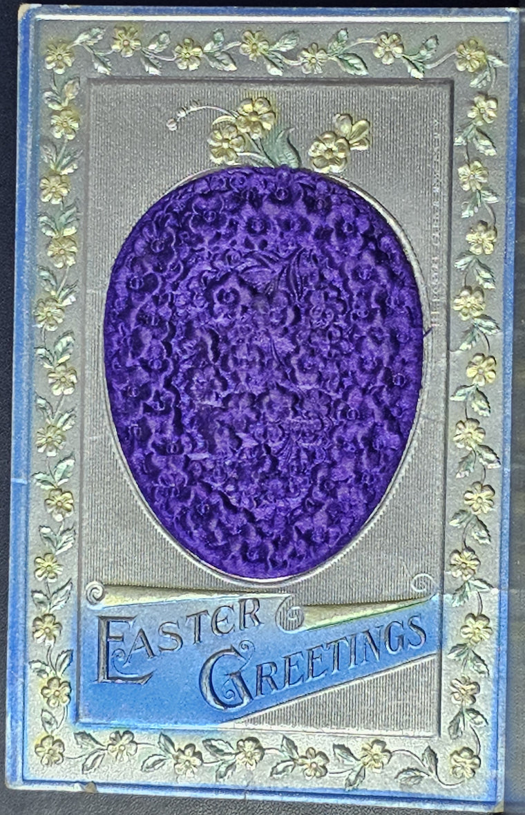 Easter Postcard Silk Purple Egg with Embossed Silver Gold Blue Background