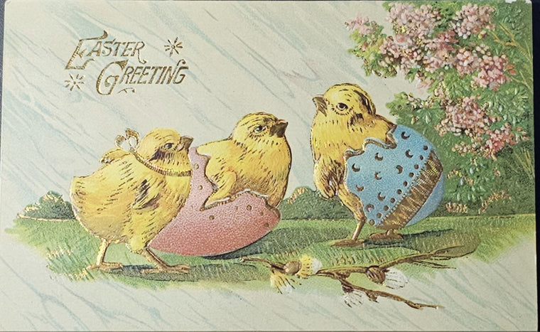 Easter Postcard Gold Embossed Baby Chicks in Painted Eggs Series 297