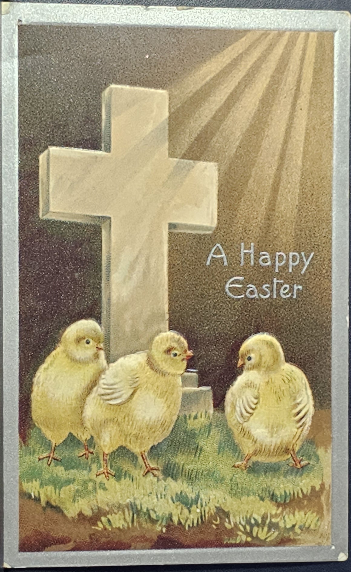 Easter Postcard Baby Chicks Under Shining Cross with Sun Beams Series 46