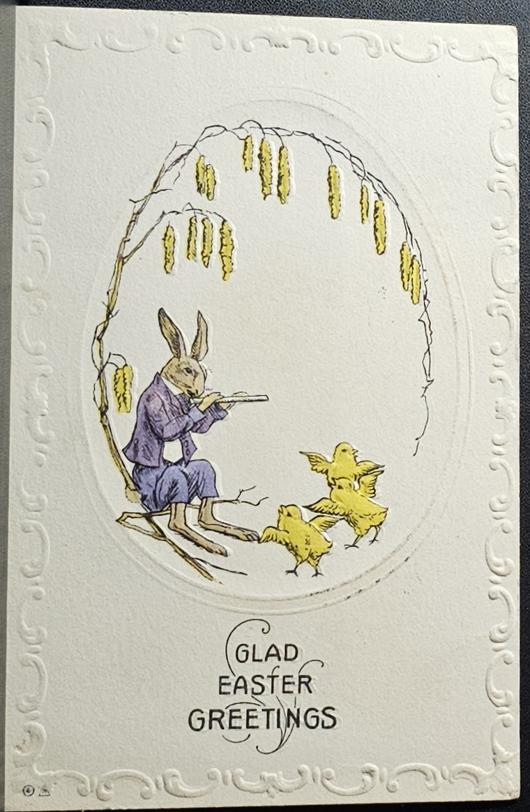 Easter Postcard Anthropomorphic Bunny Rabbit in Purple Suit Playing Flute with Dancing Chicks Arts Craft Style