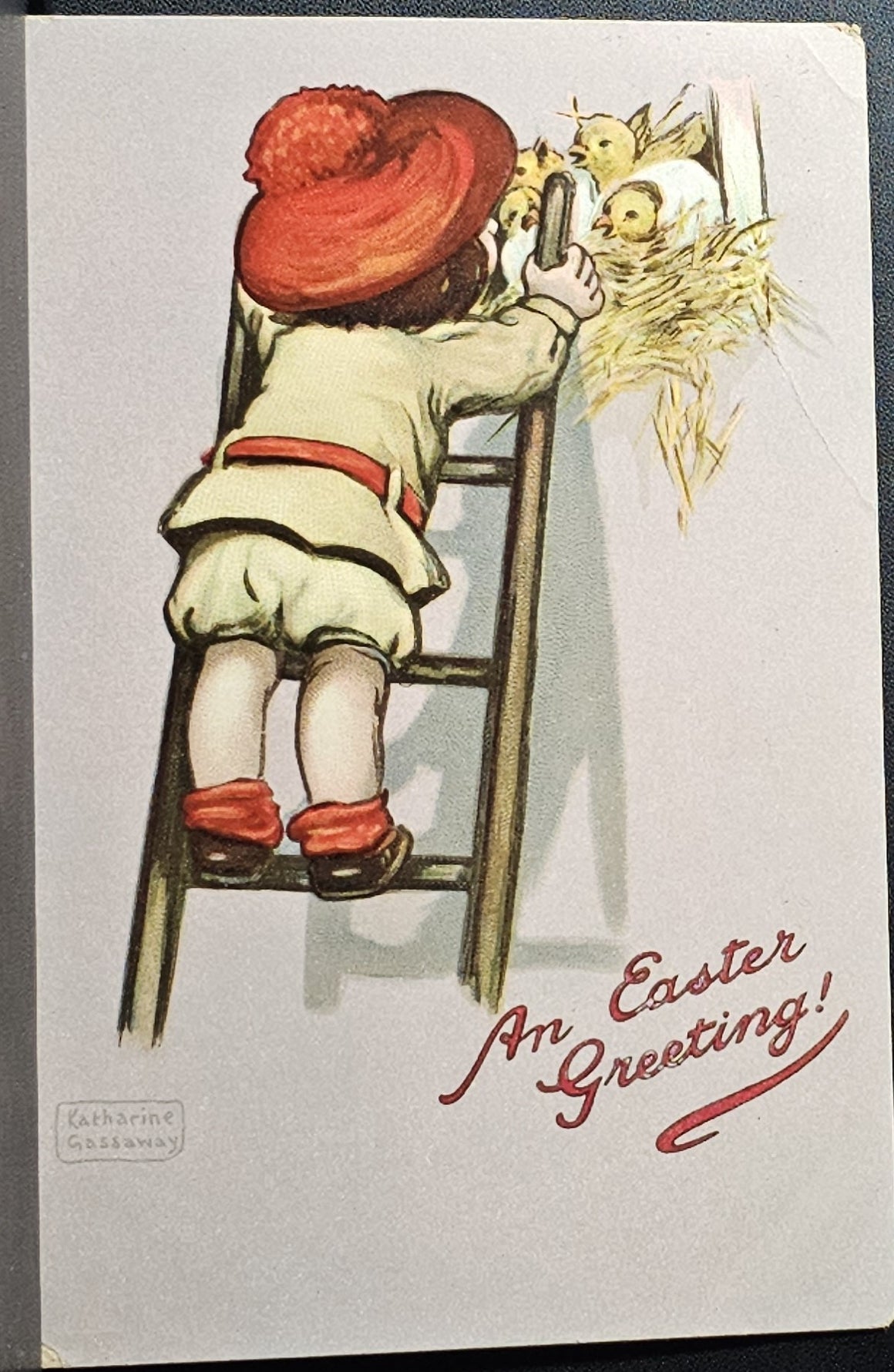 Easter Postcard Raphael Tuck Series 130 Artist Katherine Gassaway Little Girl on Ladder with Baby Chicks