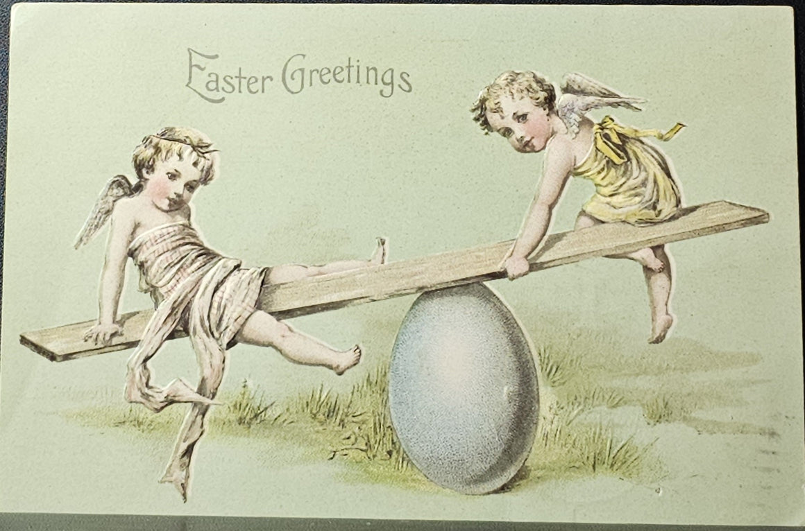 Easter Postcard Fairies Playing on Seesaw with Giant Egg in Middle