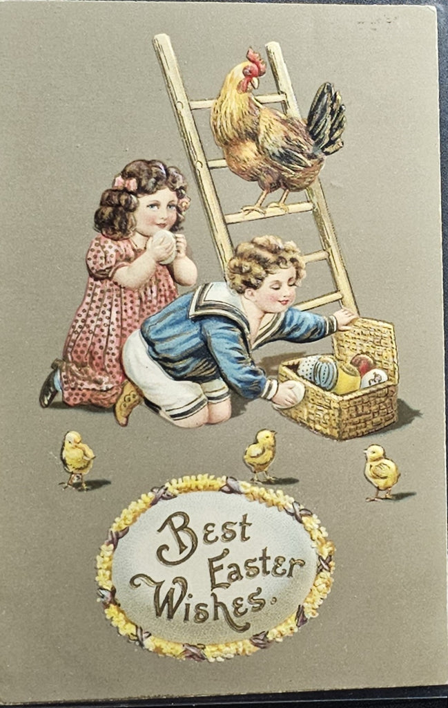 Easter Postcard Children Gathering Painted Eggs Baby Chicks and Rooster on Ladder Embossed German Card