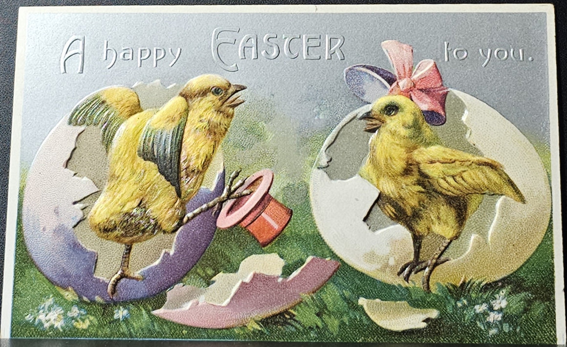 Easter Postcard Anthropomorphic Baby Chicks Dressed in Hats Emerging From Eggs Embossed with Silver Background