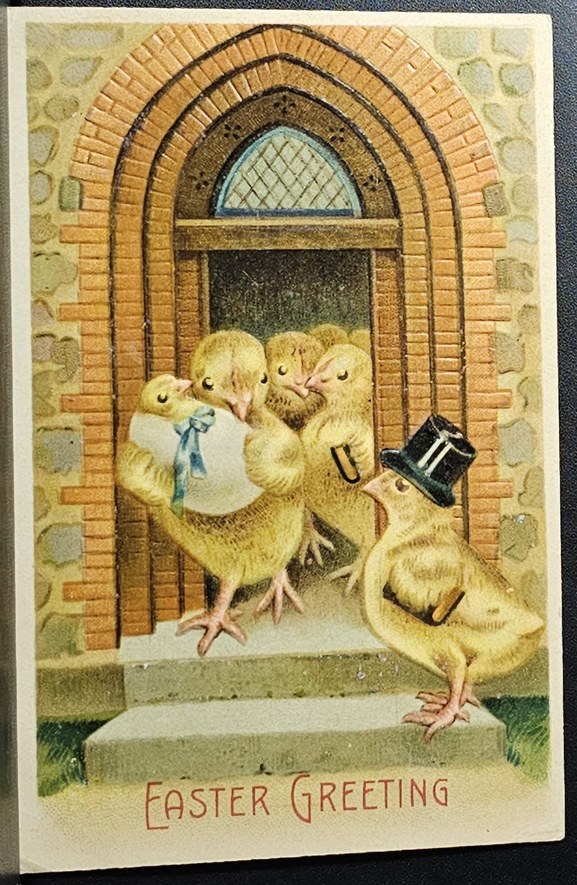 Easter Postcard  Anthropomorphic Chicks Series 306 Family Leaving Church with Newly Christened Baby