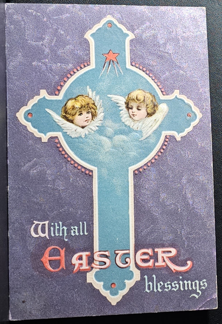 Easter Postcard Large Embossed Blue Cross with Faces of Angels Pretty Pastel Colors