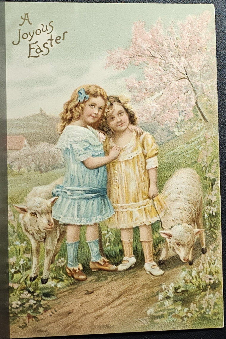 Beautiful Easter Postcard Two Girls with Lambs on a Dirt Path in Pastel Floral Trees Made in Germany
