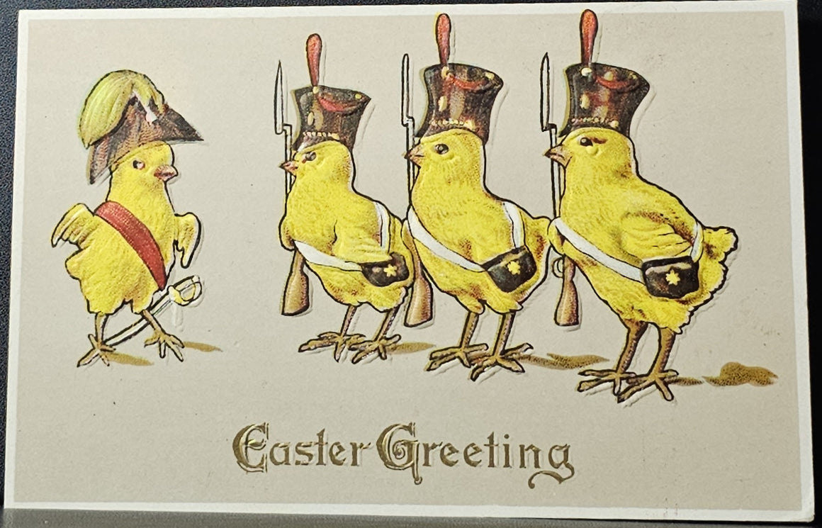 Easter Postcard Anthropomorphic Baby Chicks Dressed in Military Uniforms