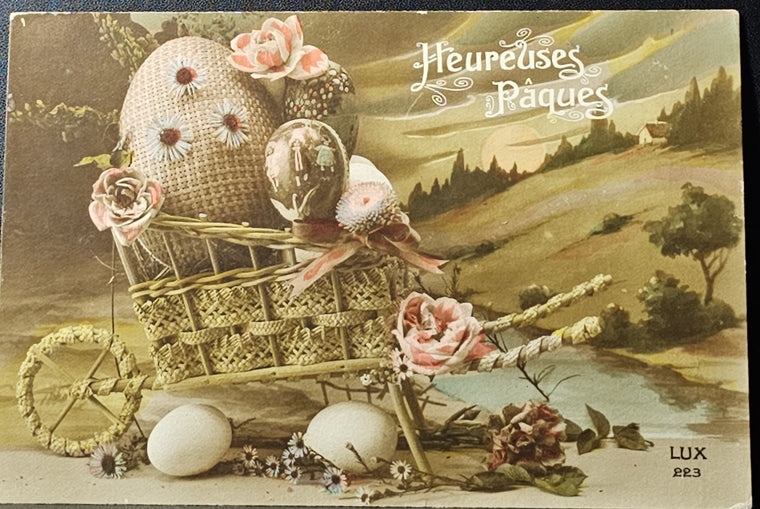 Easter Postcard French Card Wagon Cart Filled with Painted Eggs & Flowers Tinted Sepia Style