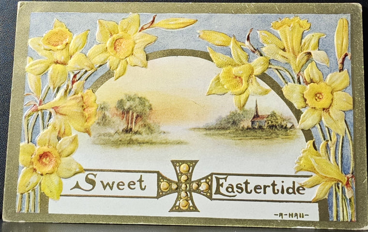 Easter Postcard Arts Craft Art Nouveau Style with Daffodils Landscape Artist Signed Hall