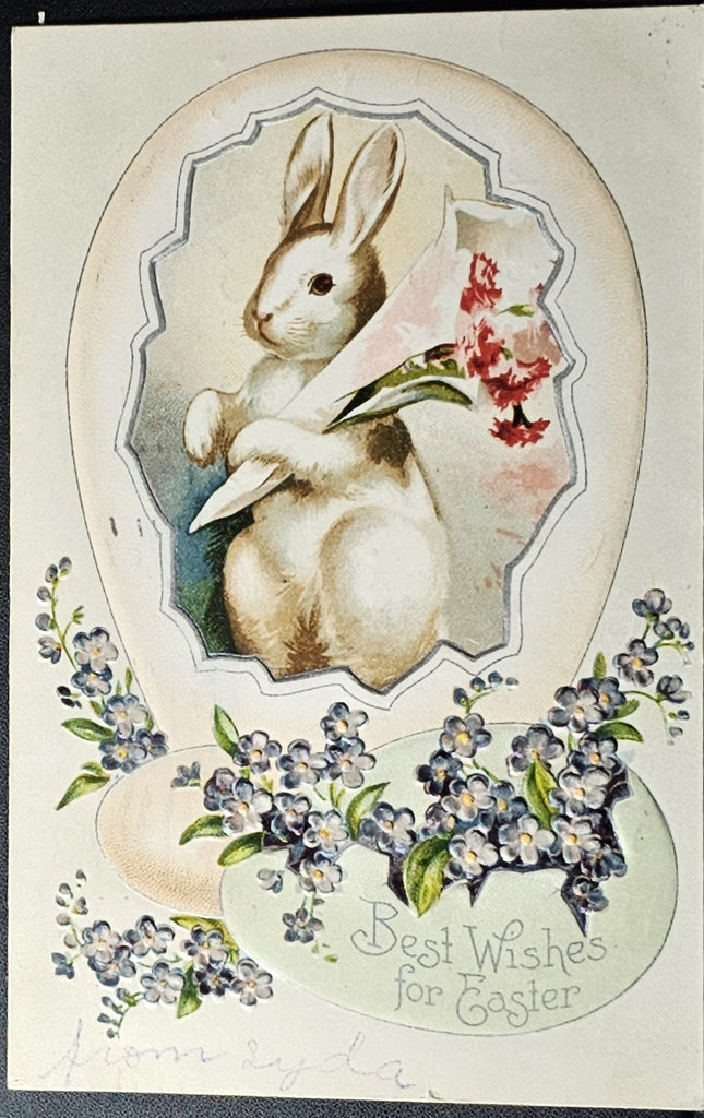 Easter Postcard Bunny Rabbit Holding Bouquet of Flowers in Cameo of Embossed Egg Artist Clapsaddle