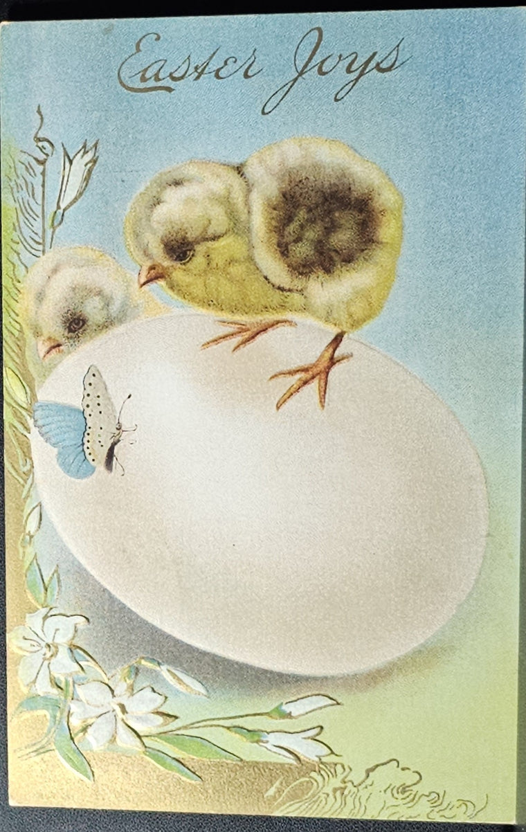 Easter Postcard Art Nouveau Design Baby Chicks with a Giant Egg Chasing a Blue Butterfly Series 317