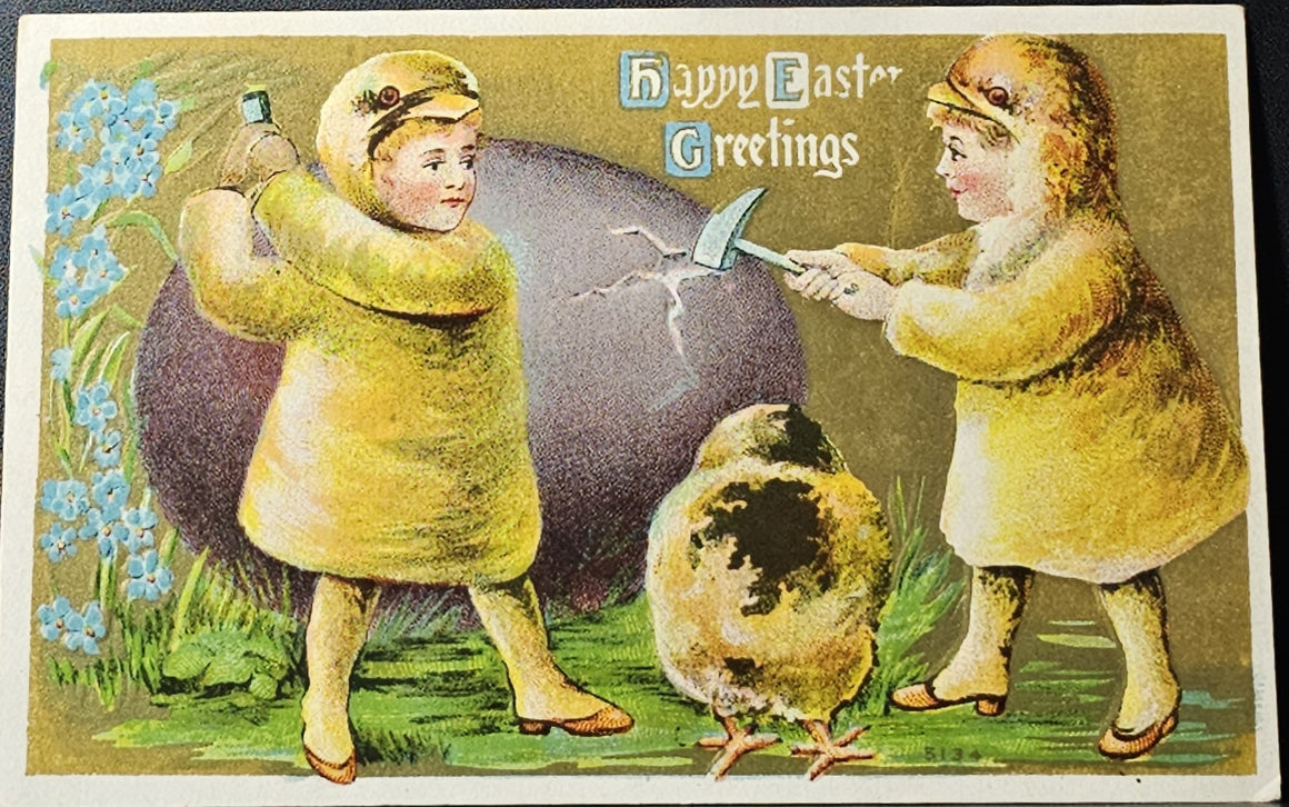 Easter Postcard Children Dressed in Chick Costumes Breaking Easter Egg with Hammer as Baby Chick Watches
