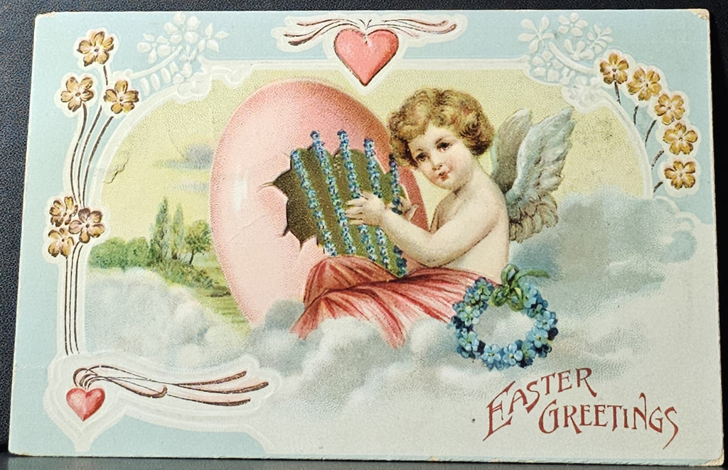 Easter Postcard Cupid Girl Playing Egg Harp in Clouds with Hearts and Flowers Printed in Germany