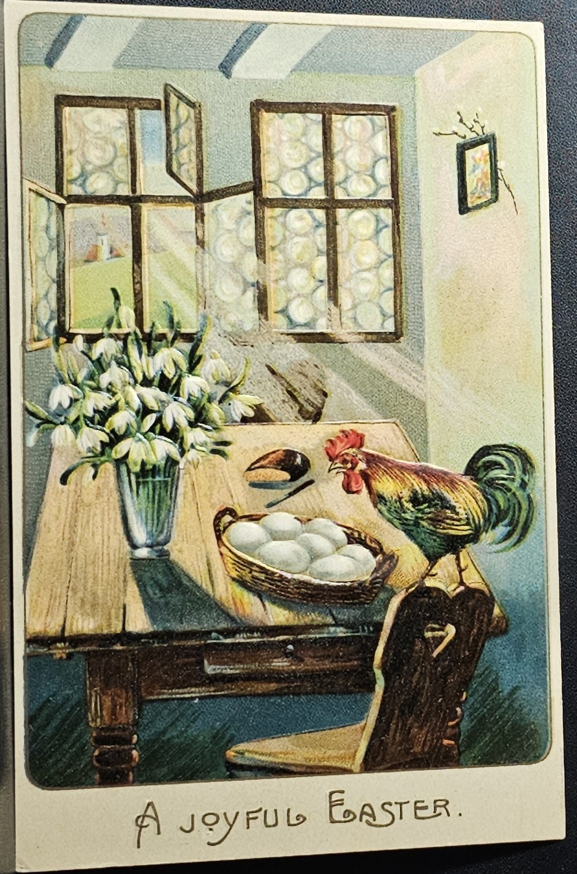Easter Postcard Embossed Rooster at the Table of Eggs Vase of Lilies Made in Germany