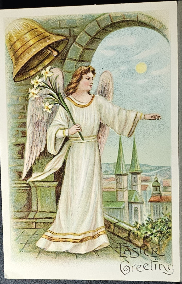 Easter Postcard Embossed Angel Standing Under Church Bell on Balcony Holding Daffodils Series 166
