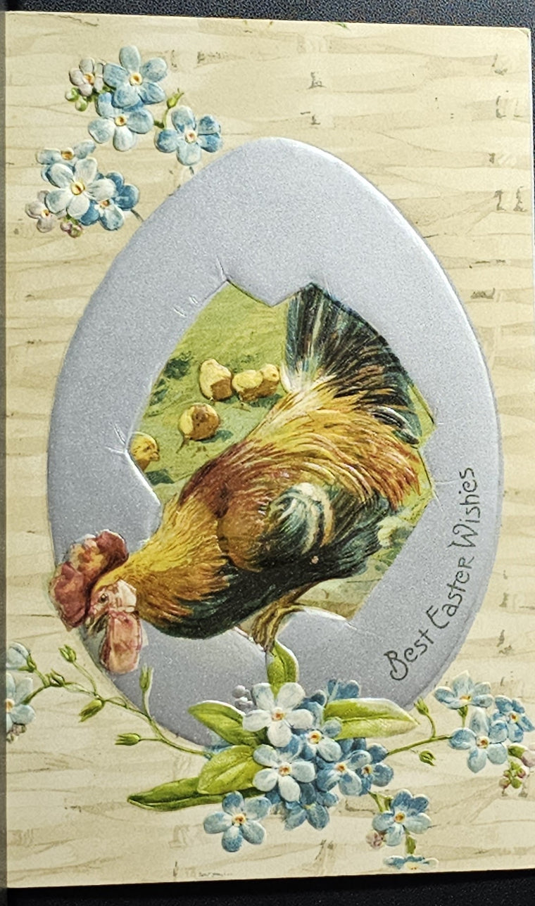 Easter Postcard Rooster Breaking from Giant Silver Embossed Egg Baby Chicks in Background Undivided Back