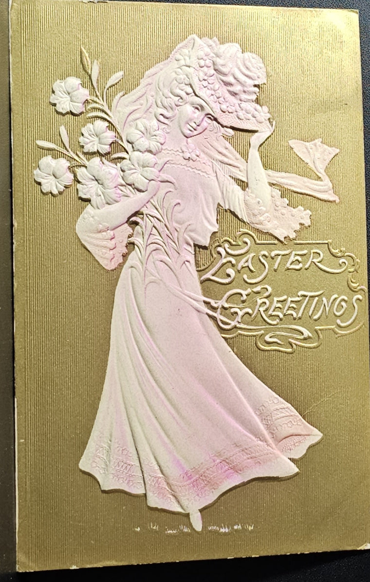 Easter Postcard Art Nouveau Style Woman in Airbrushed Pink Holding Flowers with Gold Textured Background