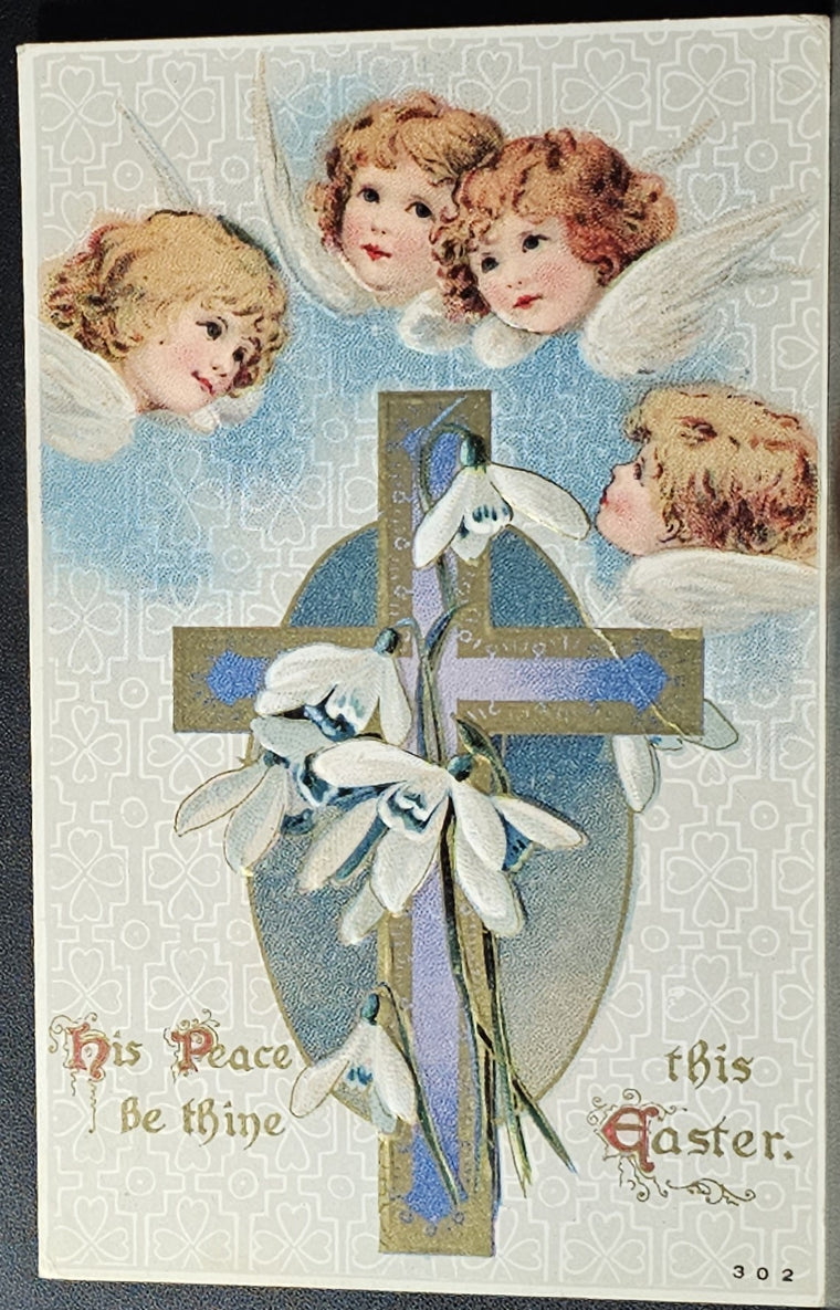 Easter Postcard Angel Faces Over Gold Highlighted Cross Blue Background with Flowers