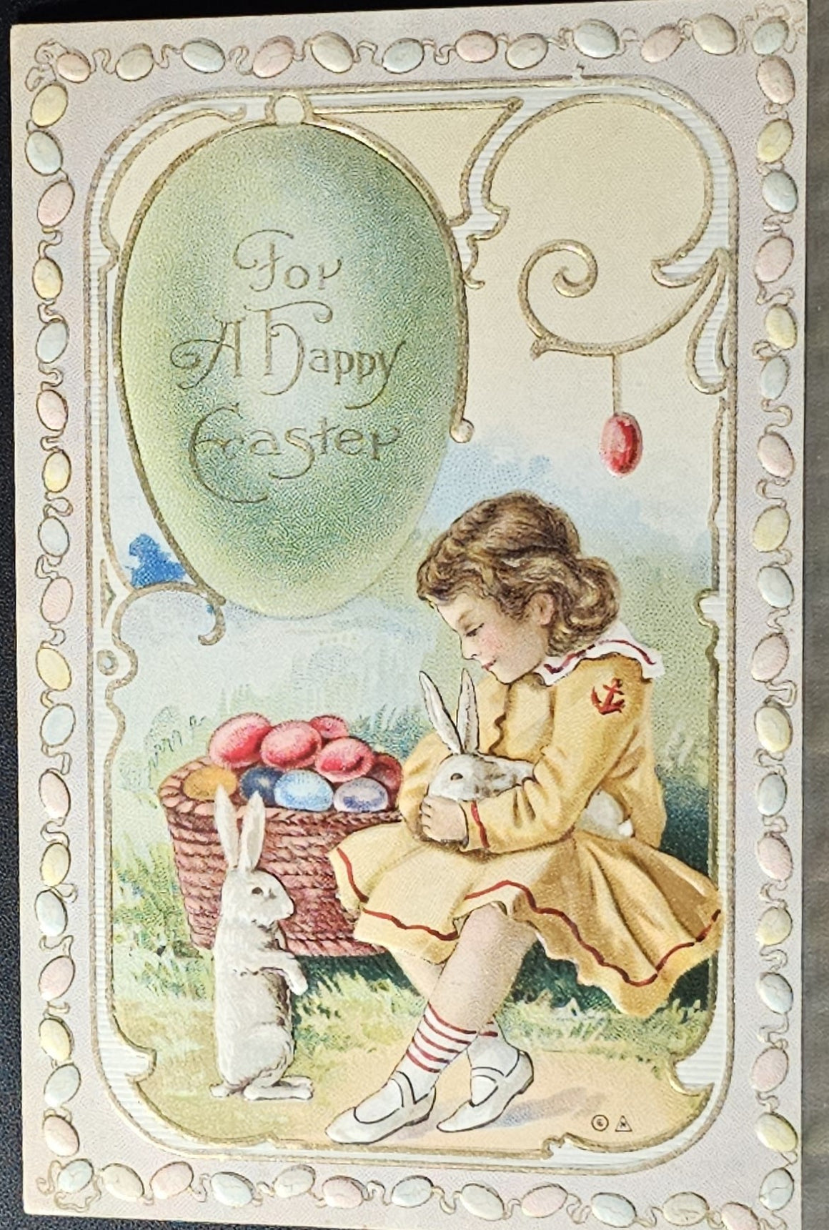 Easter Postcard Young Boy with White Bunny Rabbits and Painted Eggs Giant Green Egg Gold Highlights Egg Border