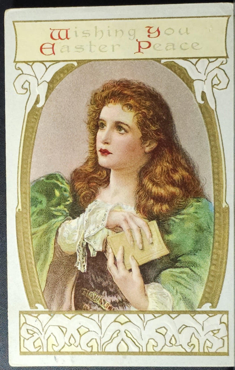 Easter Postcard Art Nouveau Style Woman with Flowers Gold Embossed Highlights