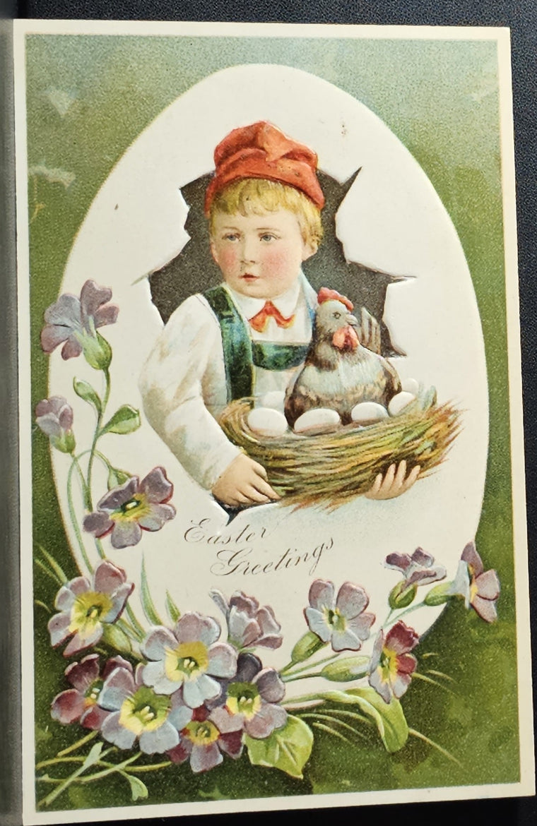 Easter Postcard Little Boy Holding Hen with Eggs in Nest Embossed Purple Flowers PFB Publishing 6727