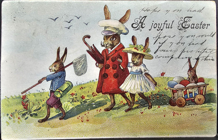 Easter Postcard Anthropomorphic Well Dressed Bunny Rabbit Family Father with Children German Fantasy Card