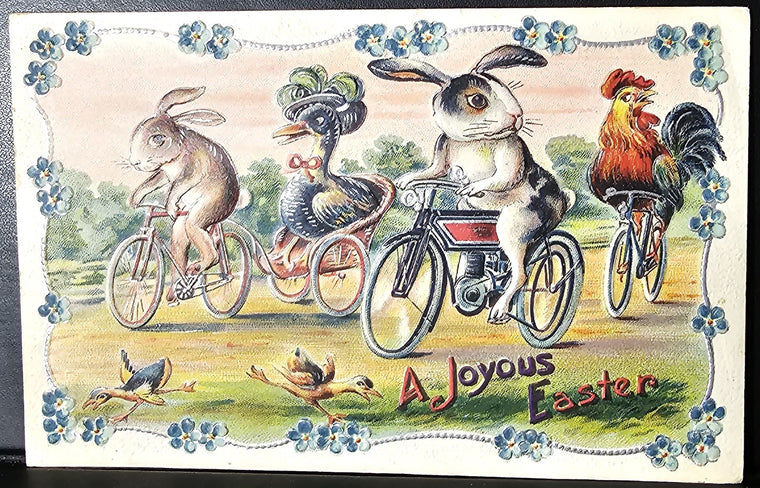 Easter Postcard Anthropomorphic Bunny Rabbits Rooster & Duck Racing on Bicycles Silver Embossed 2141
