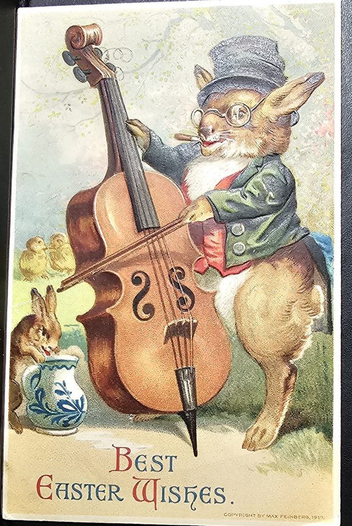 Easter Postcard Anthropomorphic Bunny Rabbit Dressed in Suit Playing Cello Max Feinberg Chromolitho Embossed 18113