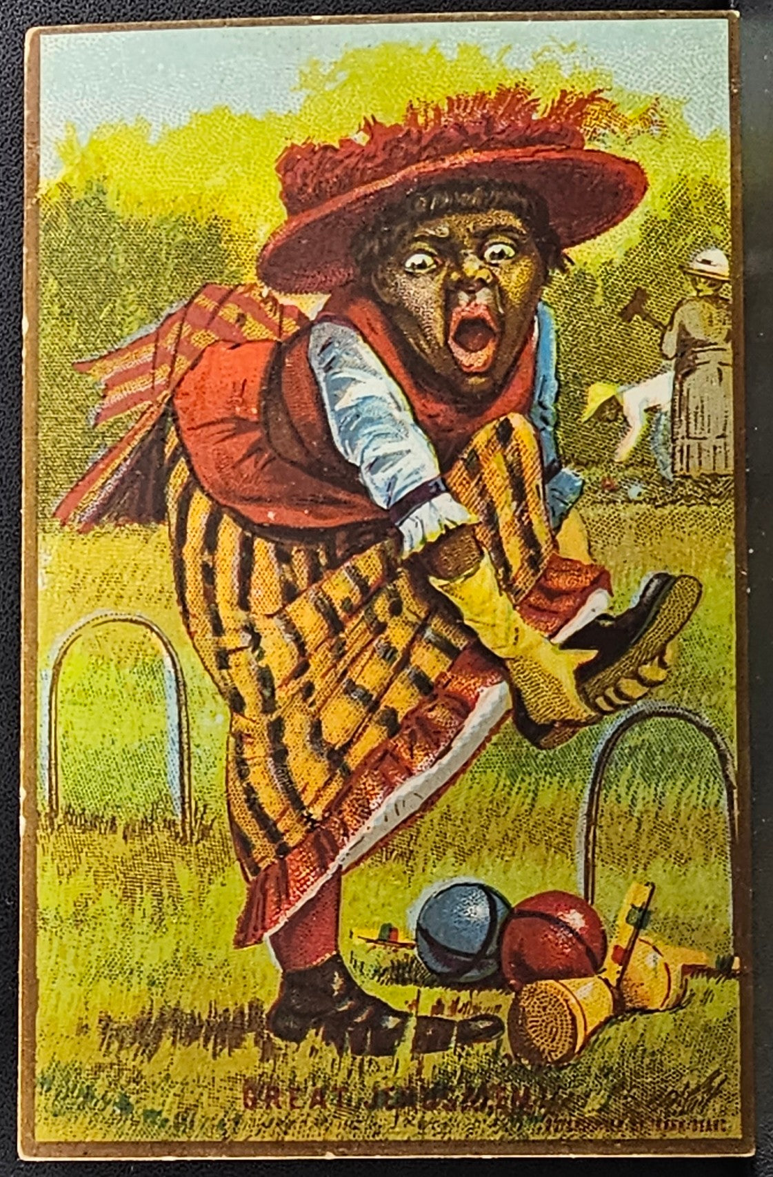 Black Americana Advertising Trade Card Frank Beard Illustration Sport Themed Woman Playing Croquet