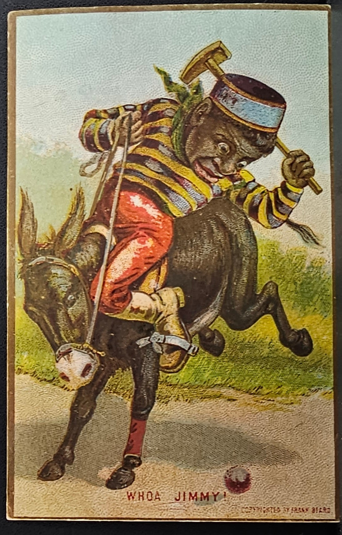 Black Americana Advertising Trade Card Frank Beard Illustration Sport Themed Man on Donkey Playing Polo