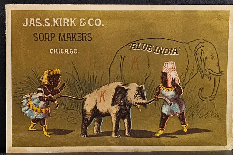 Black Americana Victorian Trade Card Jas. S. Kirk Soap Makers Chicago Elephant "Blue India"
